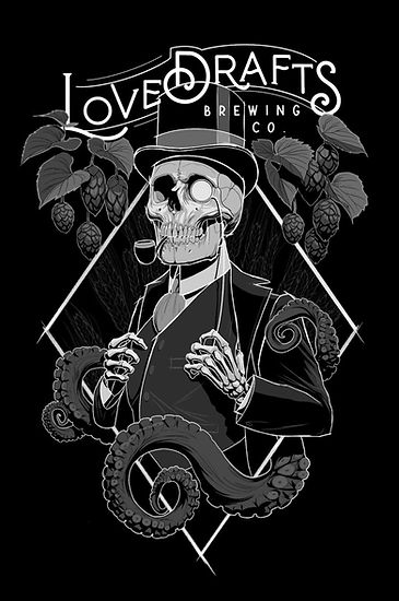 lovedrafts skull with tophat logo and tentacles and hops around it for the brewing co